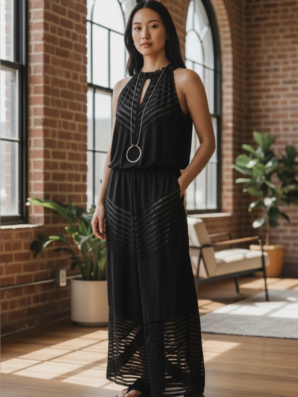 INC International Concepts Black Chevron Mesh Illusion Halter Maxi Dress